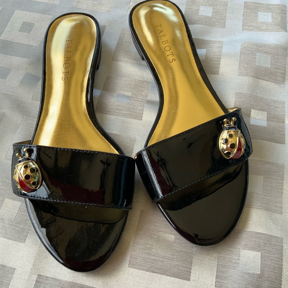 NWT Talbots Black Patent Leather Sandals with Gold Ladybug Accents